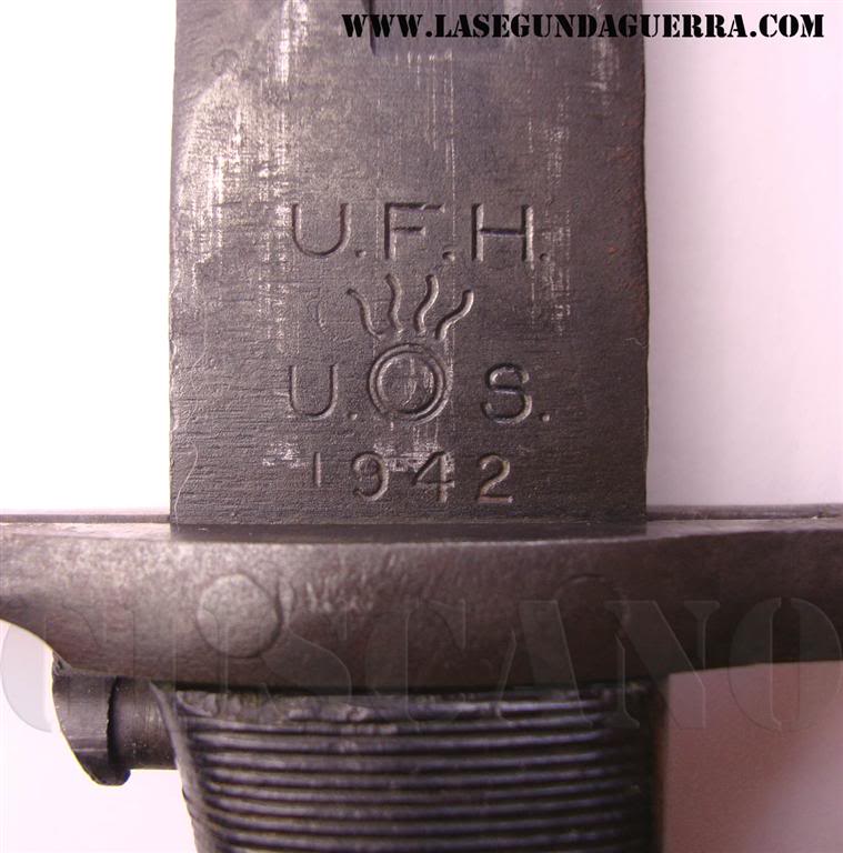 Detalle de los marcajes de la bayoneta M1905, fabricada en 1942. Las siglas corresponden al fabricante Union Fork - Hoe