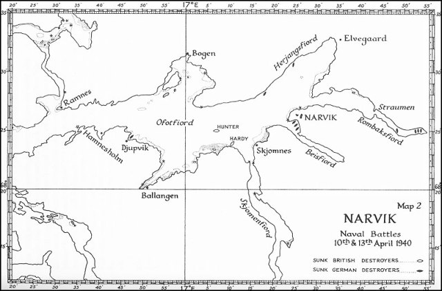 Mapa de Narvik marcando los sitios de hundimiento en las dos batallas