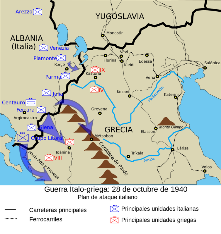 Distribución aproximada de fuerzas al comienzo del conflicto y plan de ataque italiano