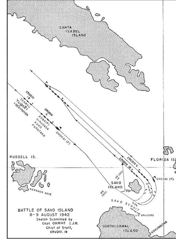 Gráfico que muestra la aproximación y retirada de la flota de Mikawa del área de la batalla