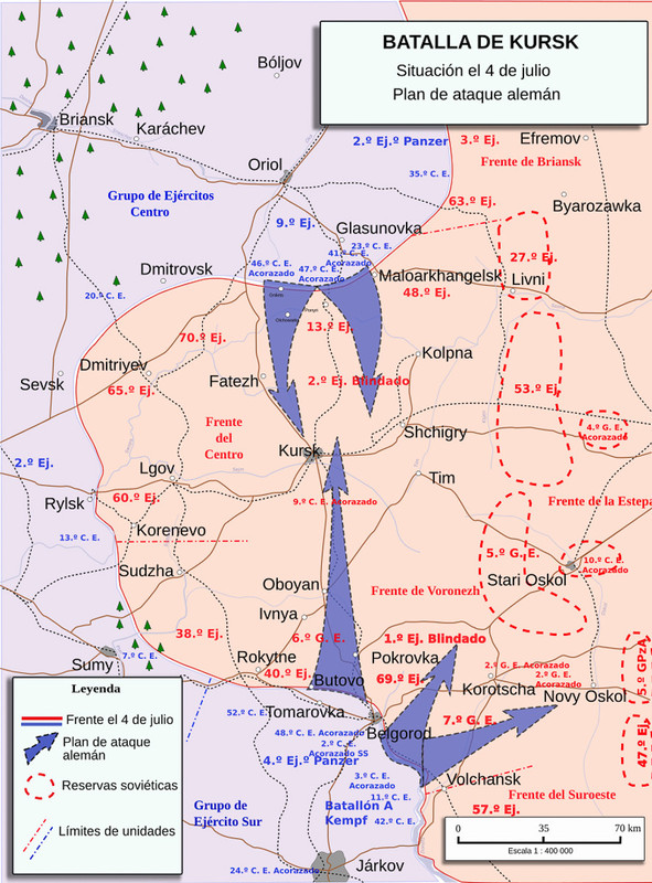 Despliegue de fuerzas de la Alemania nazi y de la URSS en un mapa de la batalla de Kursk