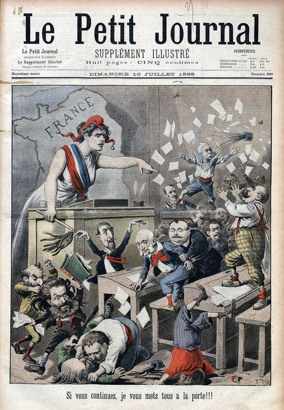 Le Petit Journal del 10 de julio de 1898 ironiza sobre el caos político causado en Francia por el Affaire Dreyfus. Marianne ordena a los políticos mantener el orden regañándolos como maestra a sus alumnos