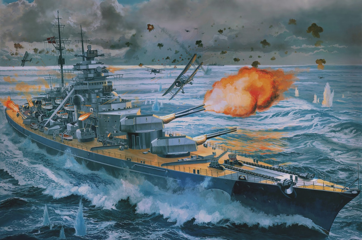 El Acorazado Britanico HMS Rodney rematando al Acorazado Alemán DKM Bismarck