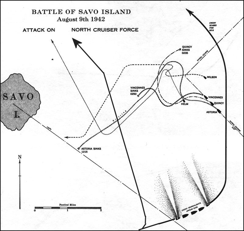 Mapa que muestra las acciones al noreste de Savo