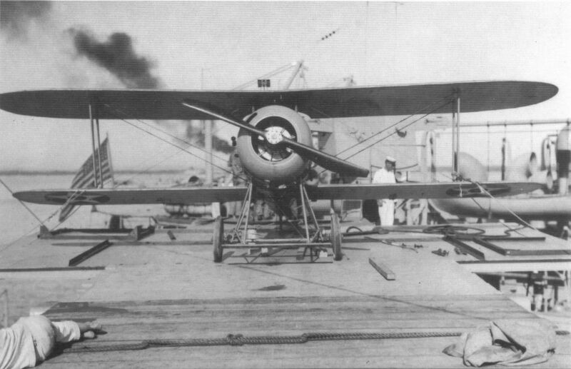 Un Nieuport XXVII C-1 preparado en una plataforma montada en el Acorazado USS Oklahoma, en la década de los años veinte