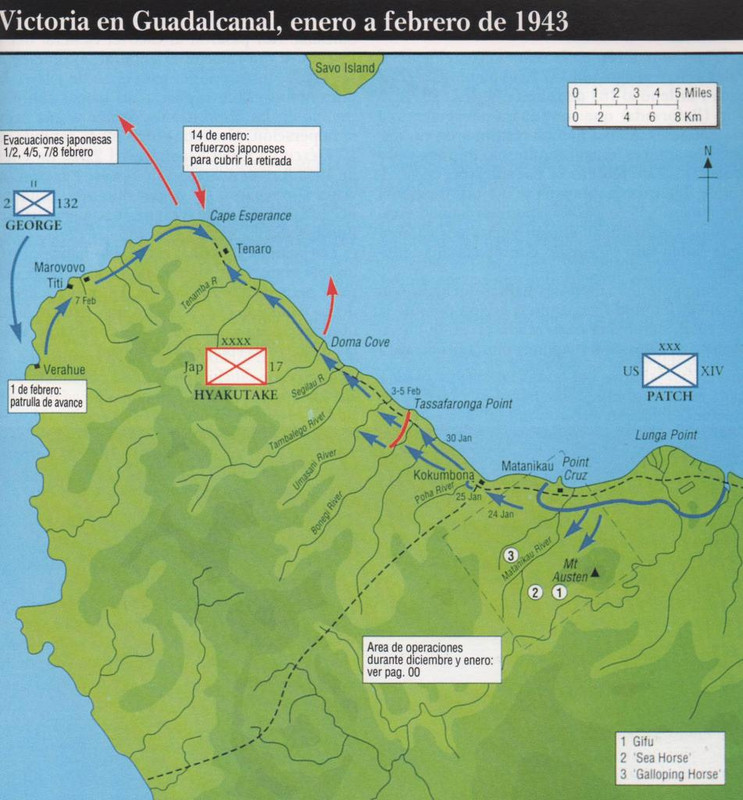 Mapa de la victoria en Guadalcanal, enero a febrero de 1943
