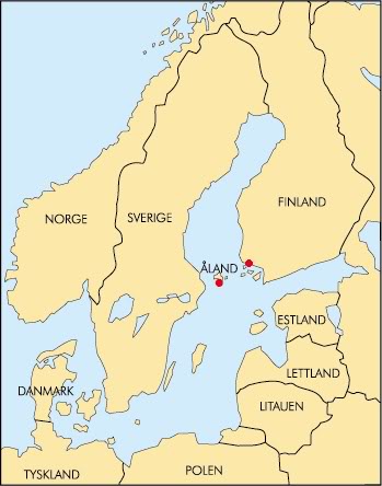 Ubicación de las Islas Åland en el Báltico. El segundo punto rojo, a la derecha, señala Turku