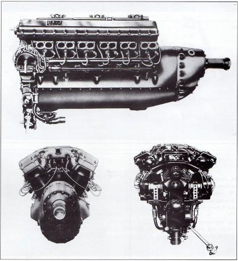 Tres vistas del motor Fiat A-30 RA, según un catálogo de la FIAT