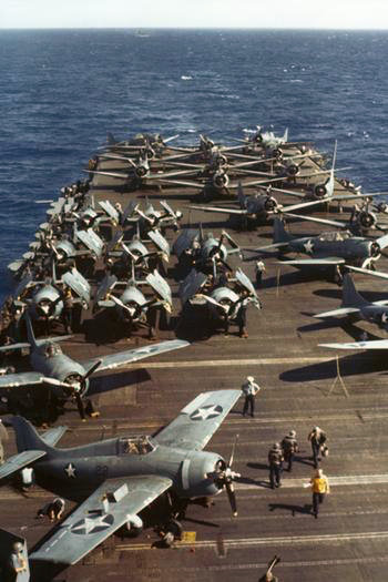 Cazas F4F Wildcat en el portaaviones USS Wasp CV-7, en 1942