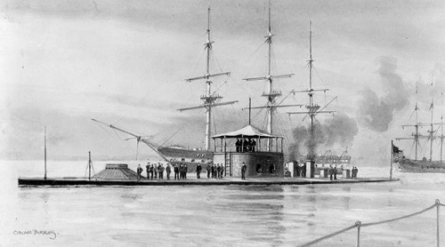El USS Monitor 1862, acorazado costero fluvial y origen de una línea evolutiva que revolucionaría a finales de la década el diseño de los acorazados. Aparece en la imagen rodeado de navíos convencionales de la época. No era, sin embargo, un acorazado propiamente dicho