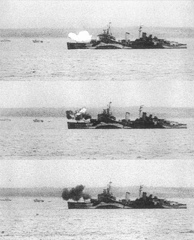 El HMS Belfast bombardeando las playas francesas en el Día D