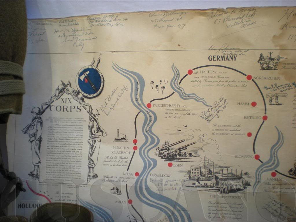 Poster-mapa impreso por el XIX Corps donde se indica el recorrido de dicho cuerpo por los campos de batalla de Europa