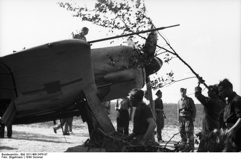 Soldados camuflando un avión Focke-Wulf Fw 190 con ramas en Francia, después de la invasión. Verano de 1944
