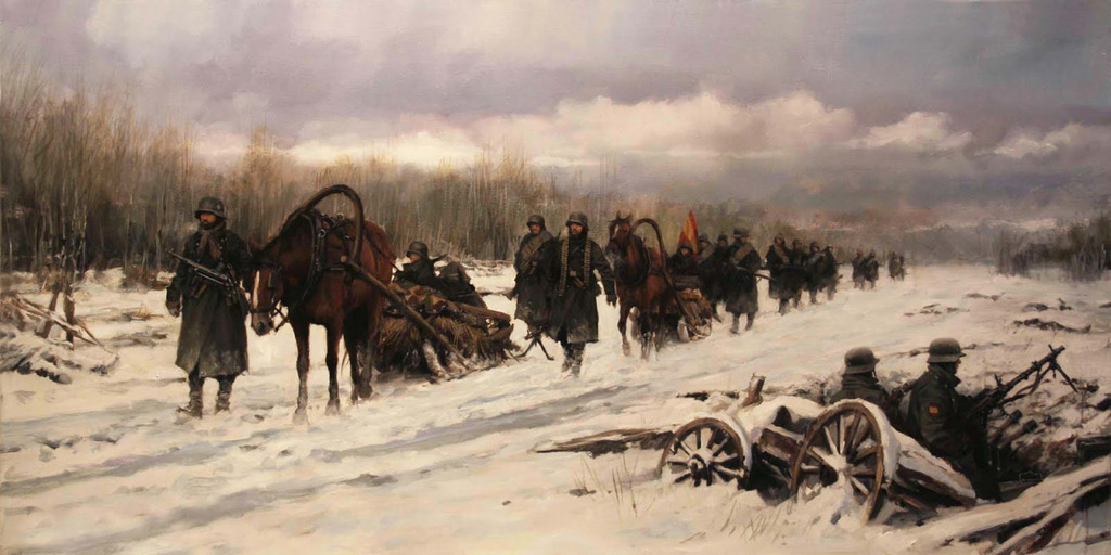 Obra de Ausgusto Ferrer-Dalmau de la División Azul. La escena muestra una columna española a través de los bosques del norte de Rusia, sector del río Volkhov
