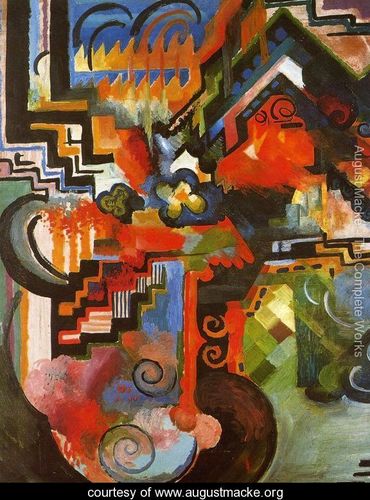 Composición de color. En este cuadro se observa la versatilidad de Macke, que ahora se deja llevar por la influencia de Kandinsky en una composición prácticamente abstracta. No se busca la representación de objetos sino la expresión a través del color y de formas libres