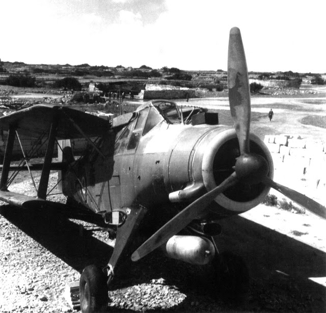 Un Albacore descansa en su parcela de protección en Malta, con las alas plegadas. Nótese el otro Albacore, oscuro y con las alas extendidas sobre el de primer plano