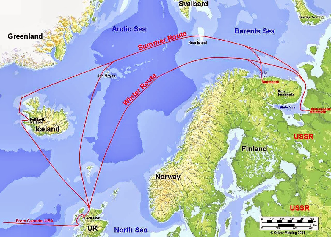 Mapa detallado del Ártico, con las rutas de los convoyes hacia la URSS