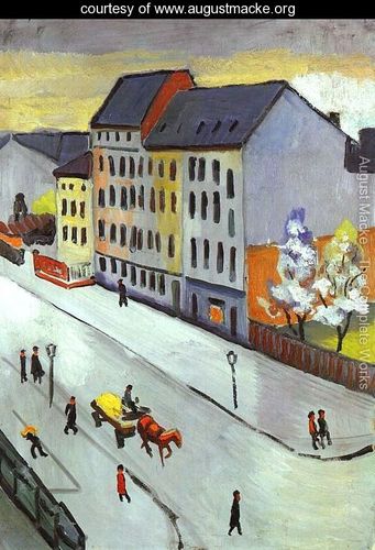 Nuestra calle en Grau, 1911. Perfecto ejemplo de obra expresionista, con una composición simple. Se trata de una vista urbana, casi naíf, poblada con figuras anónimas. La pincelada de Macke tiene una gran personalidad y carácter, recordando todavía a la obra de Cézanne