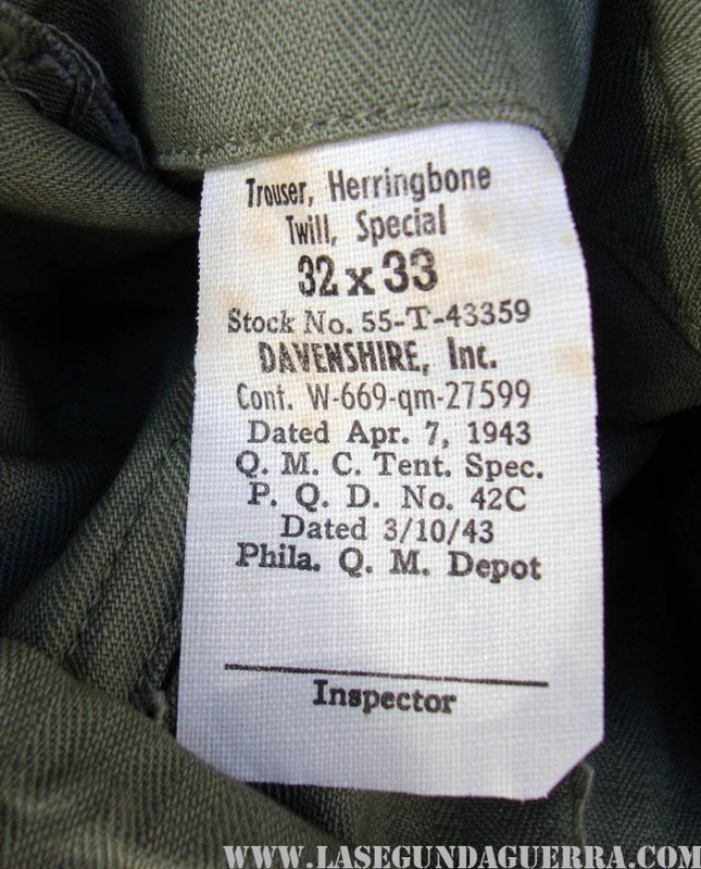 Pantalón HBT de especificación de 1943. El ejemplar de las fotos todavía mantiene los cartones de confección de la fábrica